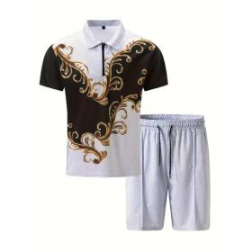 Polo Shirt Sports Short Sleeve Shorts Suit For Men (Option: Black white and gold-2XL)